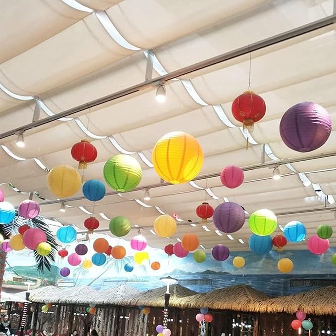 Colourful Paper Lanterns,12pcs Rainbow Hanging Round Paper Lamps for Classroom,Birthday,Baby Shower,Wedding,Party and Ceiling Decoration