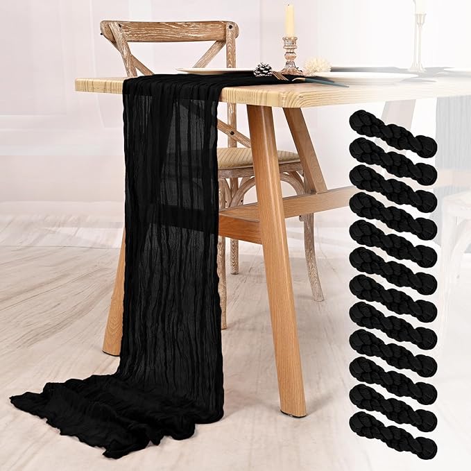 12 Pack Black Cheesecloth Table Runner 10FT Boho Gauze Cheese Cloth Table Runner Rustic Sheer Fabric Table Runners for Wedding Bridal Shower Baby Shower Party(21.5×120 Inch)