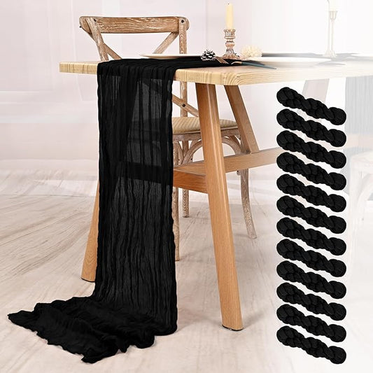 12 Pack Black Cheesecloth Table Runner 10FT Boho Gauze Cheese Cloth Table Runner Rustic Sheer Fabric Table Runners for Wedding Bridal Shower Baby Shower Party(21.5×120 Inch)
