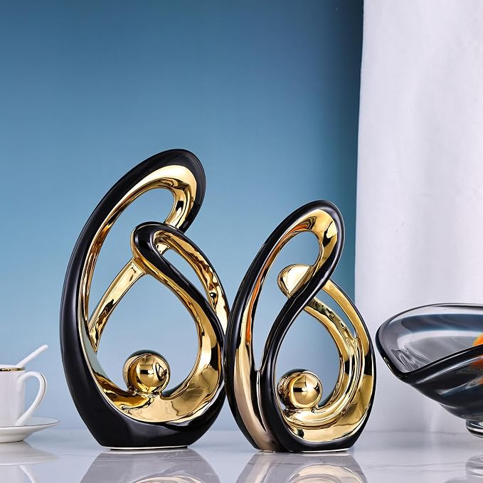 XMGZQ Home Decor Accent,Porcelain Art Mid Century Bookshelf Decorations,Gold Centerpieces for Tables,Abstract Ceramic Statue Sculpture for Coffee Table Mantel Tv Stand Centerpieces (Black, Large)