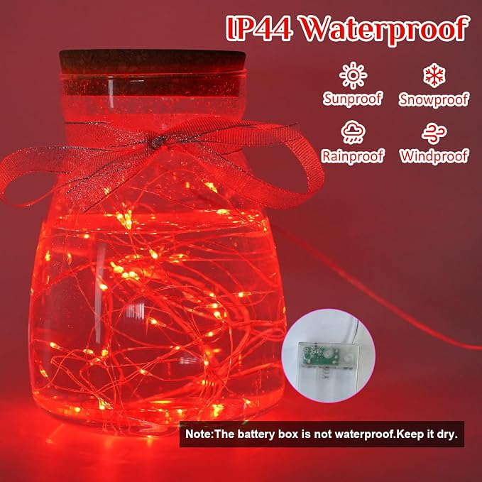 QITONG 6 Pack Red Fairy Lights Battery Operated Outdoor, Each 16 ft 50 LED Mini String Lights, Sliver Wire Christmas Twinkle Lights Indoor