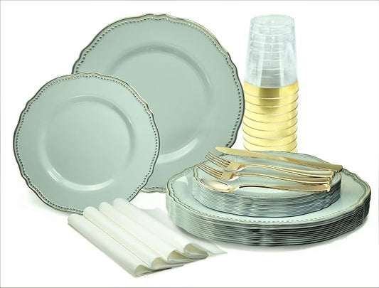 " OCCASIONS " 200pcs set (25 Guest)-Wedding Disposable Plastic Plates & cutlery - 10.25'', 7.5'' +paper napkins, Gold rim cups & Silverware (Rochelle Seafoam/Mint and Gold))