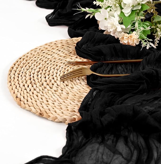 8 Pack Black Cheesecloth Table Runner 10FT Boho Gauze Cheese Cloth Table Runner Rustic Sheer Fabric Table Runners for Wedding Bridal Shower Baby Shower Party(21.5×120 Inch)