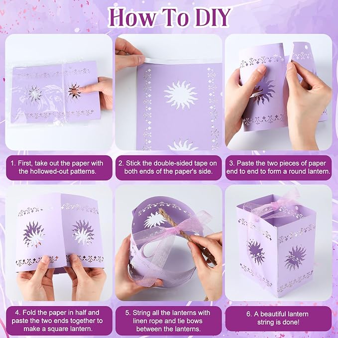 Beeveer 20 Pack Princess Sun Hanging Lanterns DIY Set Purple Princess Hanging Paper Lanterns Purple Sun Cutout Square Round Decorations for Birthday Party, Light String Not Included(Vivid Color)