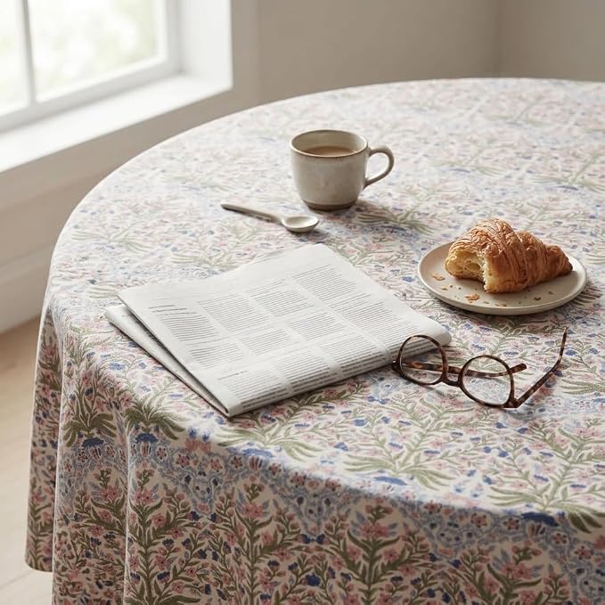 ATOSII Cotton Tablecloth 90" Inches Round Nargis Light Blue