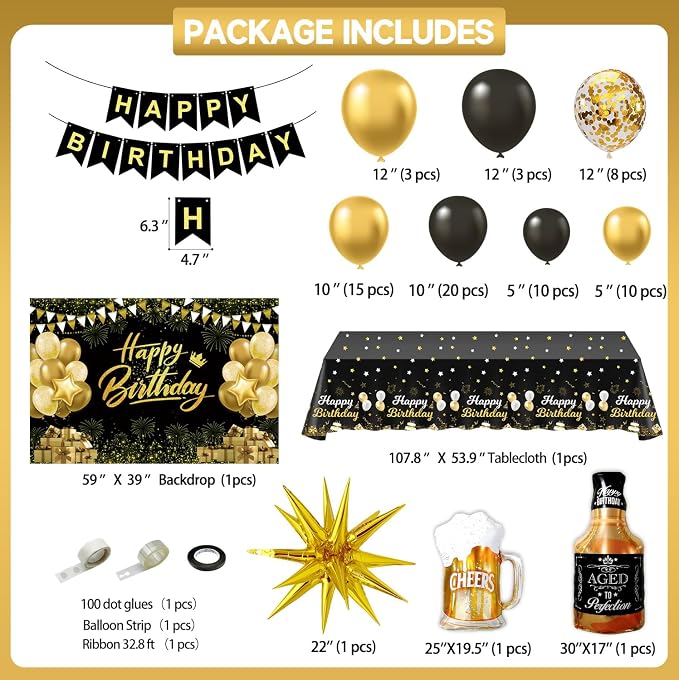 Black and Gold Birthday Decorations for Men Women | Black Gold Balloon Arch Kit, Happy Birthday Banner, Tablecloth, Backdrop