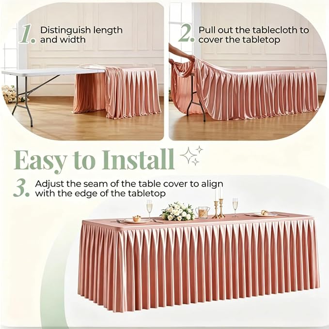 6 Packs Dusty Rose Satin Tablecloths Rectangle 8FT, Glitter Spandex Fitted Stretch Table Covers Wrinkle-Free Floor Length Shimmer Table Skirt for Weddings Parties Baby Shower Banquets Vendor Events