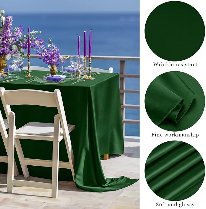 TURSTIN 4 Packs Satin Tablecloth 102 x 58 Inch Overlay Satin Table Cover Rectangle Bright Silk Tablecloth Smooth Fabric Table Decoration for Wedding Banquet Party Events, Dark Green