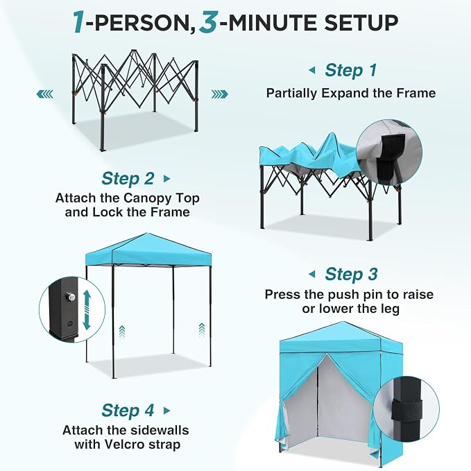 EAGLE PEAK 6x4 Instant Pop Up Canopy Tent with 4 Side Wall Panels, Straight Leg Sun Shelter, Portable Canopy with Carry Bag for Camping, Beach & Sports, Light Blue