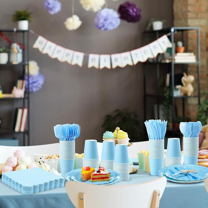 Ziliny 350 Pcs Baby Blue Plates and Napkins, 50 Guest Spring Party Supplies Include Scalloped Paper Plates Napkins Cups Plastic Spoons Forks Knives Disposable Tableware Set for Baby Shower