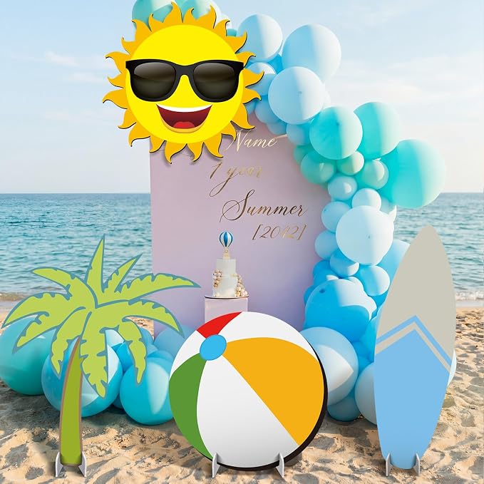 4 Pack Summer Beach Party Decoration 31'' Large Surfboard Cardboard Cutout Life Size Pool Photo Booth Prop Coconut Tree Sun Beach Ball Outdoor Sign for Swimming Hawaiian Luau Bar Supplies
