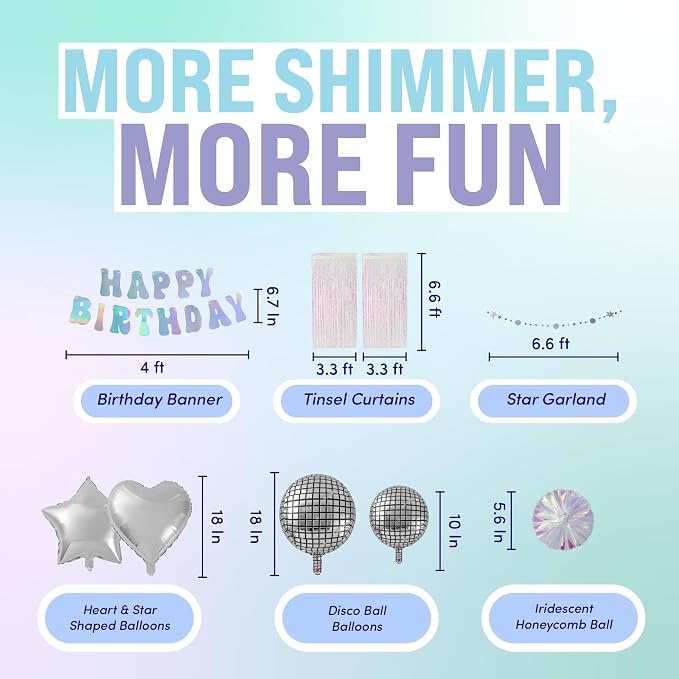 ecoZen Disco Decorations Set - Iridescent Party Supplies with Banner, Cutlery, Cupcake Toppers, Disco Ball Balloons - Great for Birthdays, Bridal Showers, Family Events, and Funfilled Celebrations
