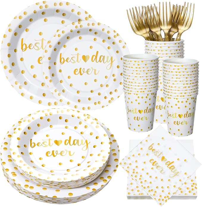 MotiMind 120 Pcs Best Day Ever Wedding Tableware Set Wedding Reception Party Supplies Beverage Table Decorations White and Gold Dot Paper Plates, Cups, Napkins, Forks for 24 Guests