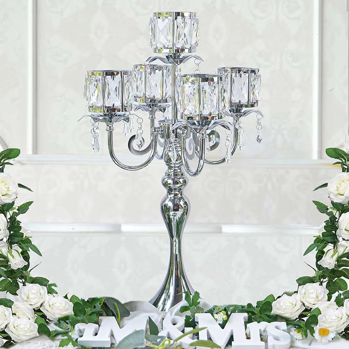 Silver 5 Arm Pendant Square Crystal Candle Holder, 22 Inches Table Decor Classic and Elegant Table Centerpiece Atmosphere Candlestick for Gift Wedding Party Home Decor