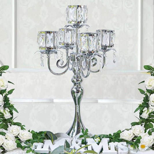 Silver 5 Arm Pendant Square Crystal Candle Holder, 22 Inches Table Decor Classic and Elegant Table Centerpiece Atmosphere Candlestick for Gift Wedding Party Home Decor