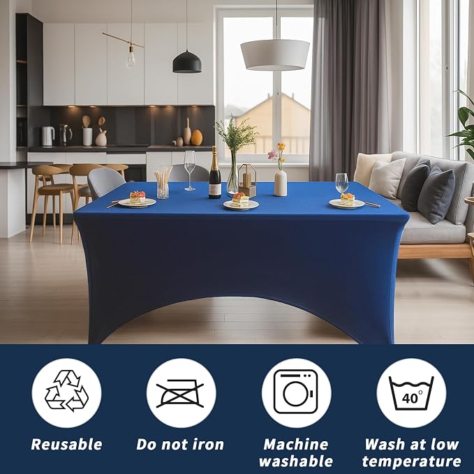 Fixwal 6 Pack 6Ft Navy Blue Table Cover, Spandex Fitted Tablecloths Rectangle, Wrinkle-Free and Stretch Folding Table Cloth for Banquet, Party, Trade Show, Graduation