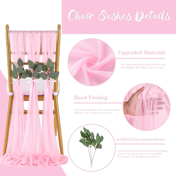 QueenDream Pink Chair Sashes Wedding Aisle Decorations: 50 Packs 8ft Long Draping Fabric Sheer Church Chair Cover Bulk for Party Banquet