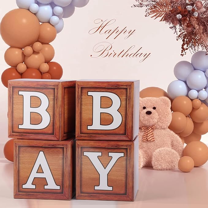 Voircoloria Baby Shower Decorations - Boxes with Letters for Gender Reveal (Wood) - 4 Balloon Boxes Included
