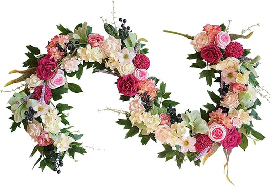 Flower Garland Decorations, 6Ft Red Flowers Rose Garland, Artificial Eucalyptus Greenery Vines with Floral for Mantle Wedding Mother's Day Arch Porch Window Indoor Decor Home Decoration
