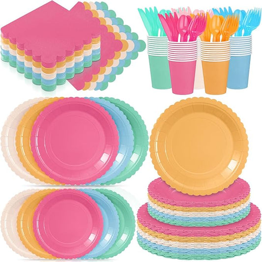 Zhehao 175 Pcs Candy Colors Party Supplies Set Colorful Disposable Tableware Kit with Plates, Cups, Napkins, Cutlery for Baby Shower, Birthday, Wedding