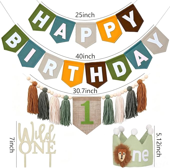 Wild One First Birthday Decorations For Boy-High Chair Banner First Birthday Boy Felt Happy Birthday Banner With Lion Crown, Wild One Highchair Banner Jungle Safari Birthday Party Decorations