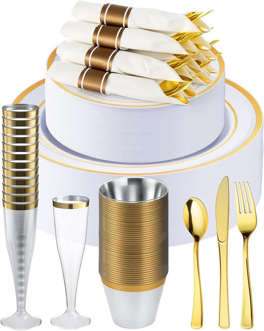 Goodluck 560PCS Gold Disposable Plastic Dinnerware Set for 70 Guests, Include 70 Dinner Plates, 70 Dessert Plates, 70 Napkins with Silverware, 70 Cups, 70 Champagne Glasses, for Christmas, Wedding