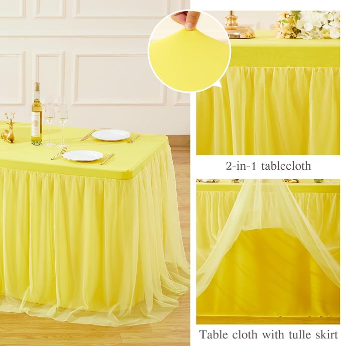 HB HBB MAGIC Yellow Table Cloth Spandex Table Covers 8ft Fitted Tulle Tablecloth Rectangular Desk Skirt Stretch Table Cloths Covers Party Banquet Birthday Baby Shower Wedding Table Cloth, 2 Pack