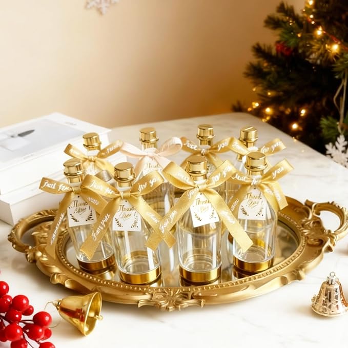 36PCS Mini Champagne Bottle Candy Container Shaped Jars Gold Plastic DIY Favor Candy Bottle Wedding Party Favor Containers, Comes with Card and Bow Ribbon