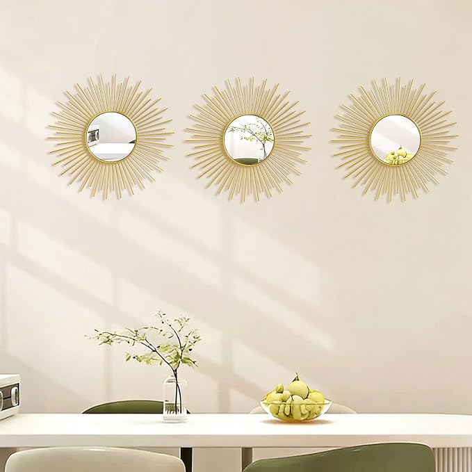 3 Pack Metal Mirrors for Wall Sunburst Wall Mirrors Home Décor Decorative Hanging Wall Art for Living Room Bedroom Entryway (Gold2, Sunburst)