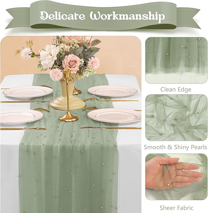 12 Pack 10FT Pearl Table Runner 30x120 Inch Sage Green Tulle Fabric Boho Rustic Sheer Table Runners Lace Table Cloth for Wedding Bridal Shower Birthday Party Arch Veil Dessert Table Decor (Sage Green)