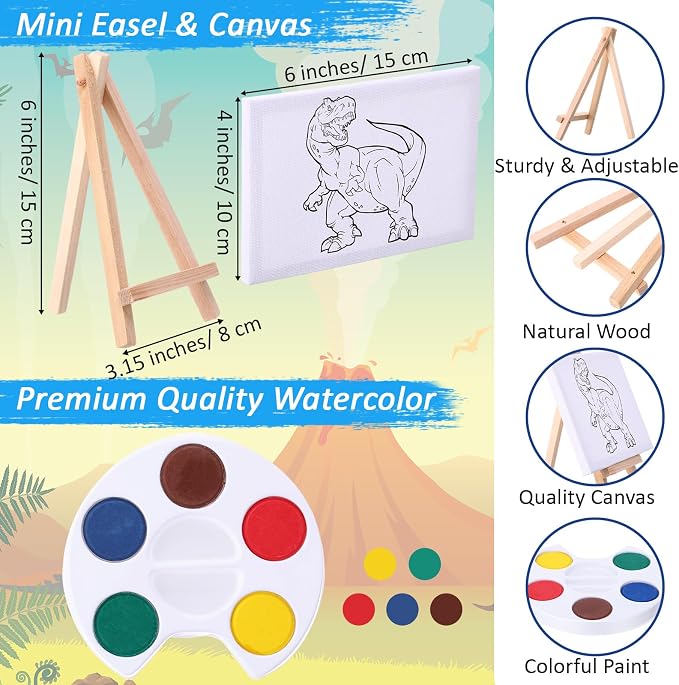 MotiMind 24 Sets Canvas for Painting Dinosaurs 4 x 6 Pre Drawn Canvas Painting Dinosaur Kit Animals Pre Drawn with Paints Brushes for Beginners Students Dinosaur-Themed Party