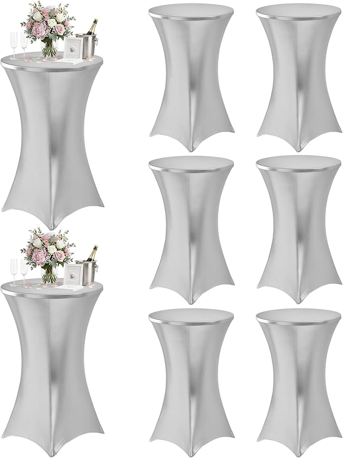 Cocktail High Top Table Covers - 32x43 Inch Fitted Spandex Round Cocktail Tablecloth for Bar Height Standing Table Cloths Reusable, for Party Wedding Banquet Event Decorations, Shiny White, 8 Pack