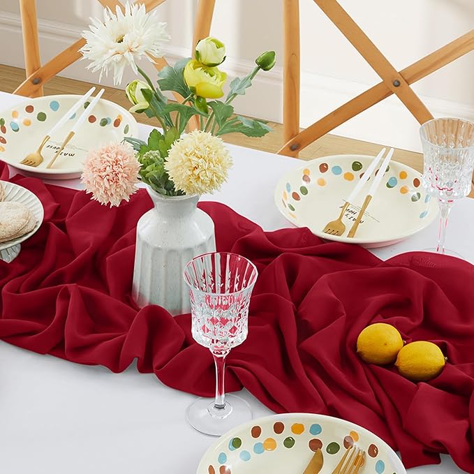 Horbaunal Burgundy Chiffon Table Runners 10FT Sheer Chiffon Runner 29x120 Inches Romantic Boho Rustic Table Runner for Wedding Party Bridal Baby Shower Table Decorations