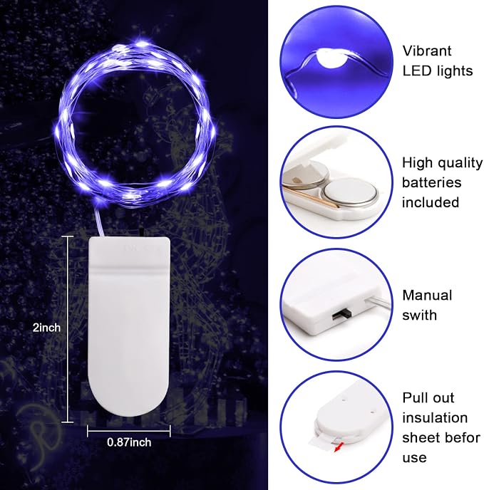 6 Pack Black Light Fairy Lights Battery Operated UV Black String Lights Waterproof Silver Wire 7 Ft 20 Led Firefly Starry Moon Lights for DIY Glow Party Body Paint Halloween Décor