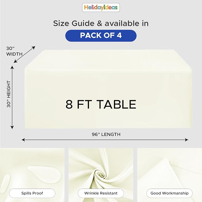 HolidayIdeas 4-Pack 8ft Beige Rectangle Craft Shows Fitted Tablecloth | Wrinkle resistant table covers; bulk quantity pack for professional trade exhibition displays or vendor booths