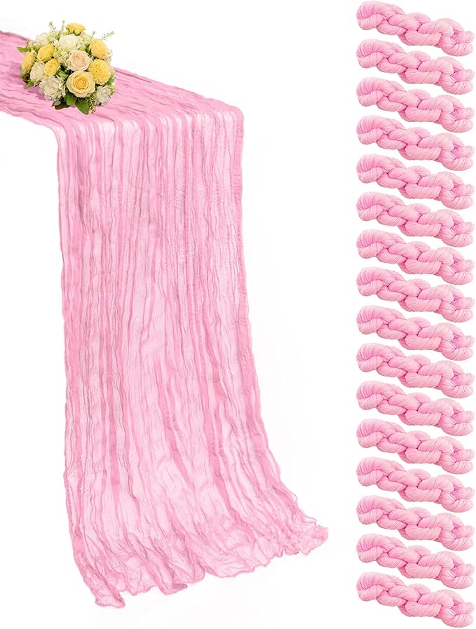 16 Pack Pink Valentine's Day Cheesecloth Table Runner 21x120 Inch Gauze Table Runners Reusable Polyester 10ft Boho Rustic Cheese Cloth Table Runner for Wedding Party Baby Shower Birthday