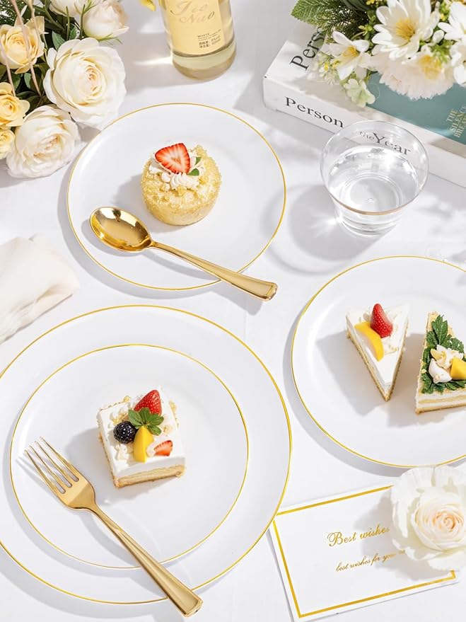 WDF 300Pcs White and Gold Plastic Plates - Gold Plates Disposable - Disposable Dinnerware Include 50 Dinner Plate 50 Dessert Plate 150 Cutlery 50 9oz Cups for Wedding/Birthday/Party/Thanksgiving