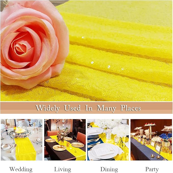 ShinyBeauty Yellow Table Runner 12x108 Inch Sequin Table Runner 108 Inches Long Wedding Party Table Runner Sequins Linen Table Runner for Christmas Halloween Event Decorations