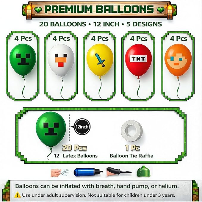 Pixel Game Birthday Party Decorations - Miner Supplies Set Gaming Theme - Including Backdrop Balloons Tablecloth Plates Toppers Napkins Favor Bags Stickers - Mining Bday Pack Craft Decor Kit