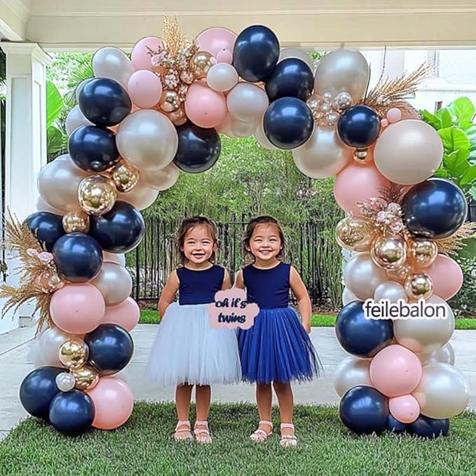 Navy Blue Pink Gold Balloon Arch Kit Double Stuffed Dark Blue, Pastel Light Pale Pink, White Sand Pearl Balloon Garland for Birthday Baby Shower Gender Reveal Wedding Graduation Party Decoration