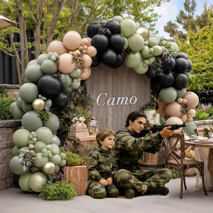 Sage Green Black Balloon Arch Kit, Double Stuffed Dusty Olive Green White Sand Cream Beige Gold Balloon Garland for Birthday Camo Woodland Jungle Wedding Boho Graduation Party Decoration
