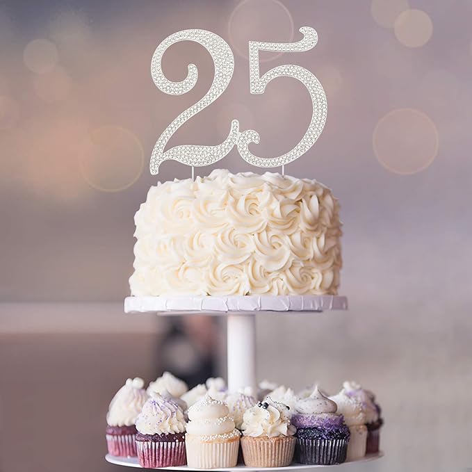 25 Cake Topper - Premium Silver Metal - 25th Birthday or Anniversary Party Sparkly Rhinestone Decoration Makes a Great Centerpiece - Now Protected in a Box