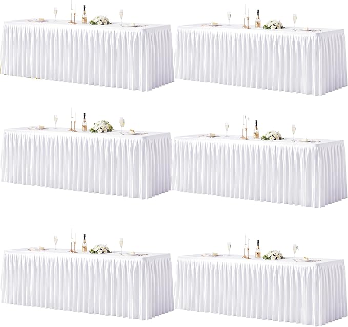 6 Packs White Satin Tablecloths Rectangle 6FT, Glitter Fitted Stretch Table Covers Wrinkle-Free Floor Length Shimmer Table Skirt for Weddings Parties Baby Shower Banquets Vendor Events