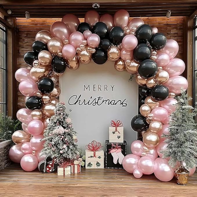 Pink Black Balloon Arch Kit - Double Stuffed Pastel Pearl Baby Pink Balloon Garland with Champagne Rose Gold Balloons for Birthday Bridal Baby Shower Wedding Graduation Party Decoration