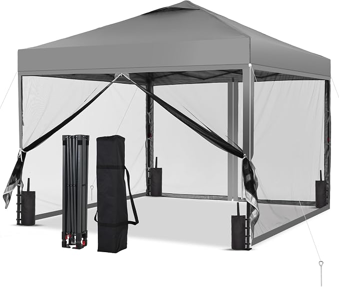 GDY 10x10 Pop-up Canopy Tent with 4-Mosquito Nettings, Outdoor Screen Gazebo with 4 Sandbags, 4 Ropes & 8 Stakes, 3-Level Height Adjustment for Patio, Camping, and Backyard, Grey