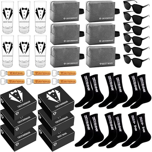 36Pcs Groomsmens Gifts Set of 6,Best Man Groomsmen Proposal Box Gifts,2oz Shot Glasses,Oxford Bags,Black Sunglasses,Bottle Openers,Socks,Proposal Boxes,Wedding Bachelor Party for Groomsmens