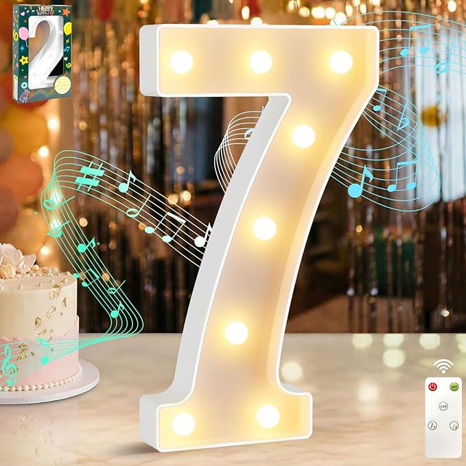 12.6 Inch LED Marquee Light Up Numbers with Happy Birthday Music, Remote Birthday Number Lights as Gifts for Girls Women Men, Lighted Marquee Numbers for Table Party Decorations, Number 7