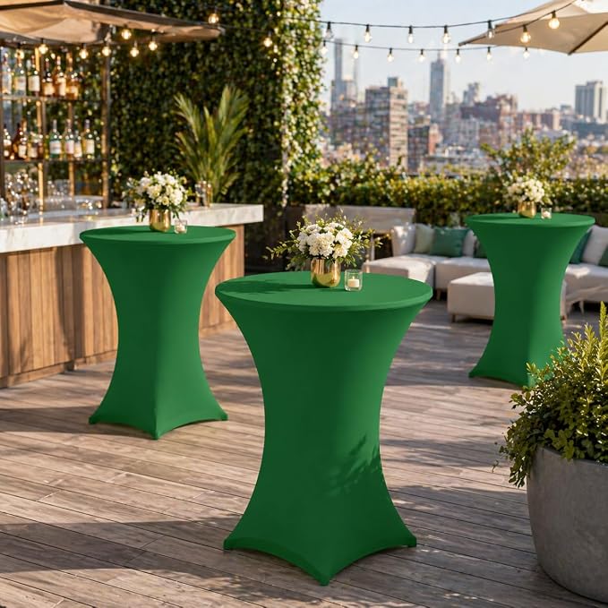 Cocktail Table Covers - 2 Pack 32x43 Inch Table Cloth - Green Fitted Stretch Spandex Round High Top Tablecloth for Party, Bar, Birthday, Pub, Banquet