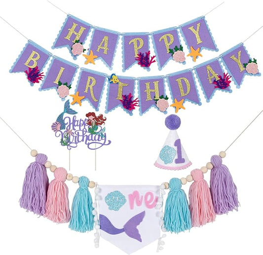 Mermaid 1st Birthday Decorations For Girls-Mermaid High Chair Banner For 1st Birthday Under The Sea Party Decorations With Mermaid Banner Birthday Hat & Cake Topper,First Birthday Mermaids Decorations