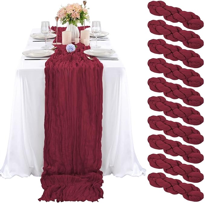 10 Pcs Burgundy Cheesecloth Table Runner 10FT, Gauze Cheese Cloth for Wedding Reception Rustic Sheer Bridal Shower Birthday Party Boho Table Decoration, Romantic Wedding Runner